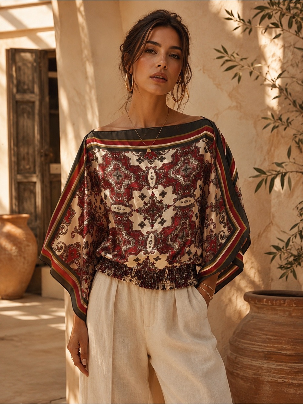 868. Sophie Max Burgundy and Cream Boho Satin Dolman Top